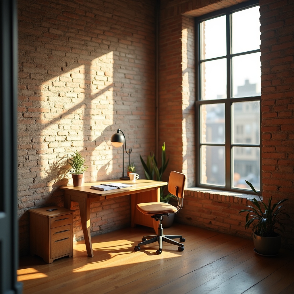 Bright office workspace with a desk, notebook, and window light in a converted loft building