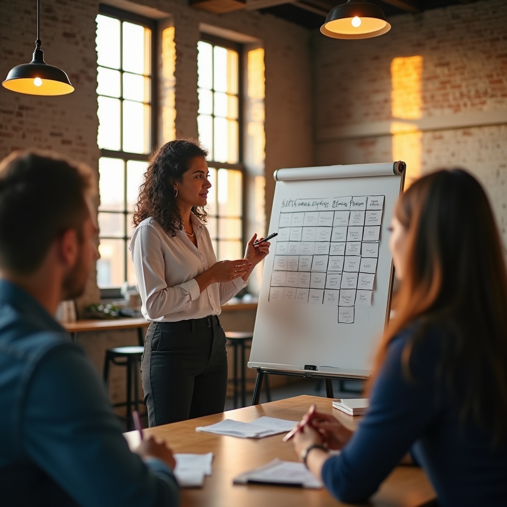 Content strategist presenting an editorial calendar on a whiteboard to a small communications team
