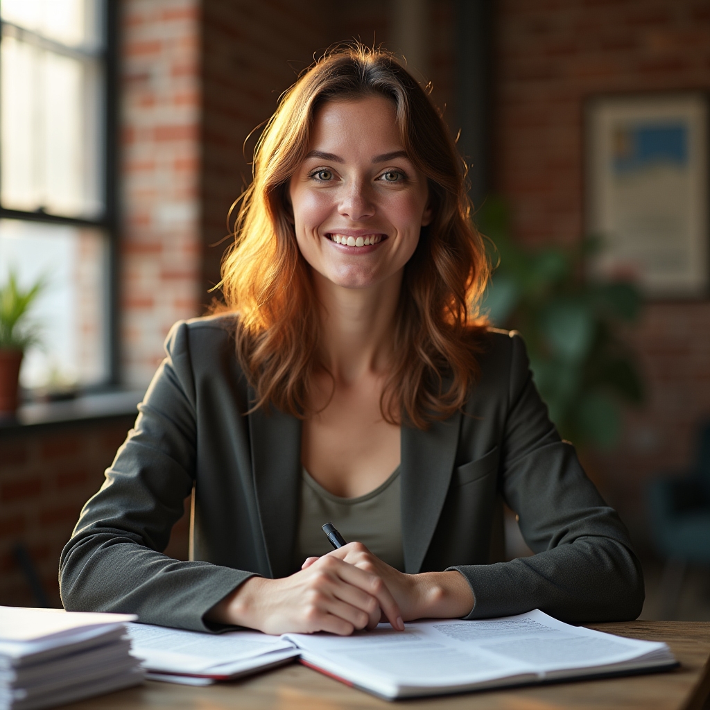 Communications professional with several years of PR experience sitting at a desk reviewing printed article drafts