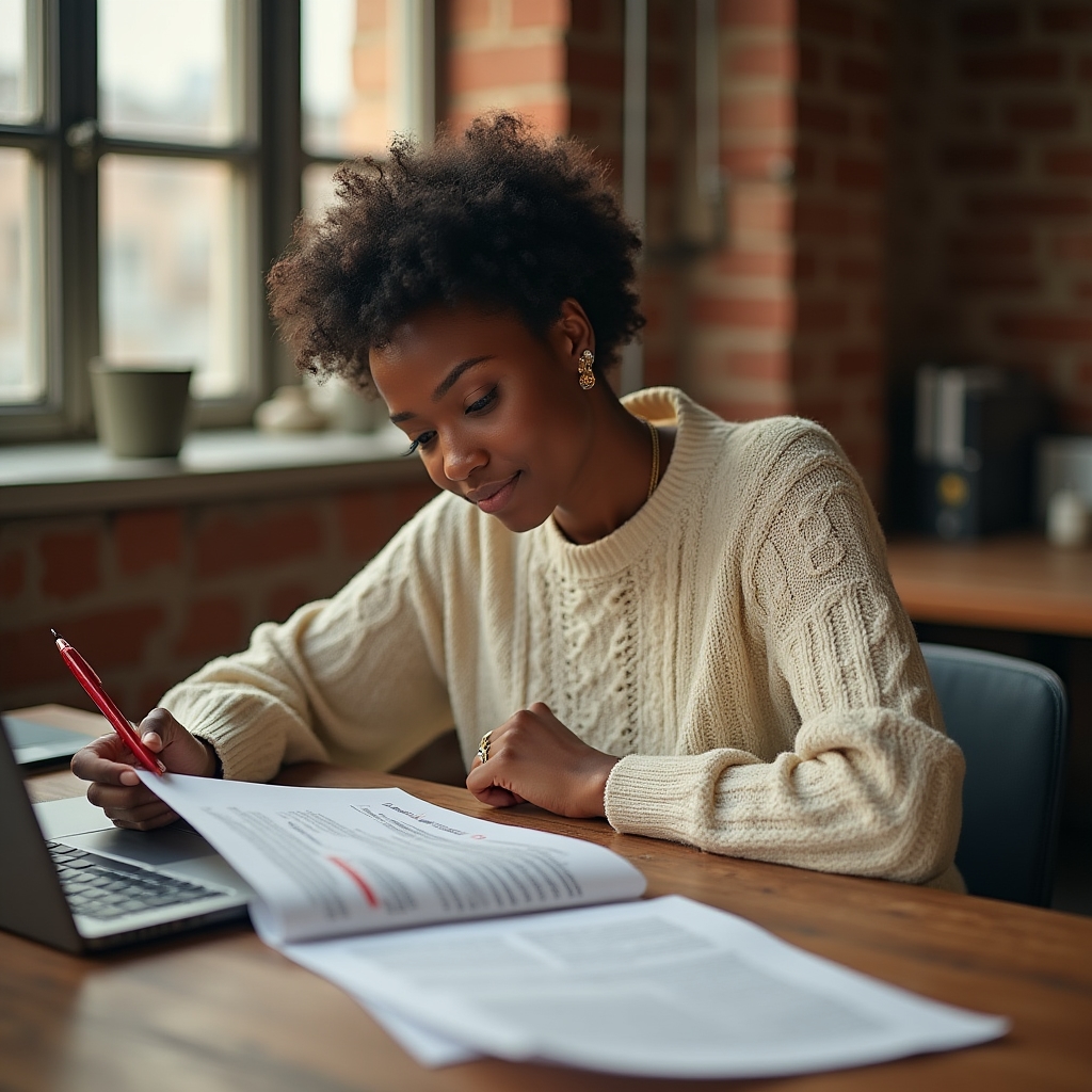 Communications professional reviewing a press release draft at a desk with notes and a laptop