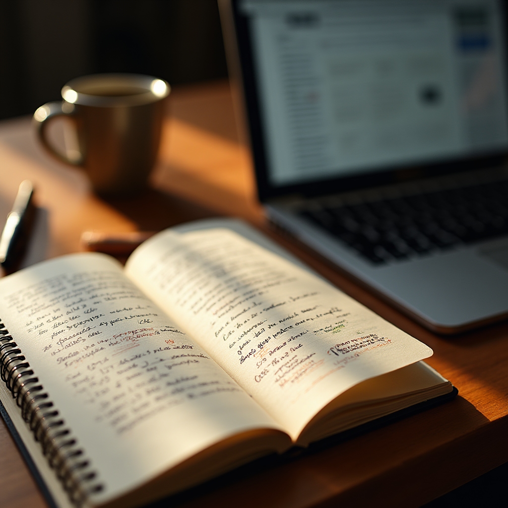 Notebook filled with handwritten keyword phrases next to an open laptop showing a search results page