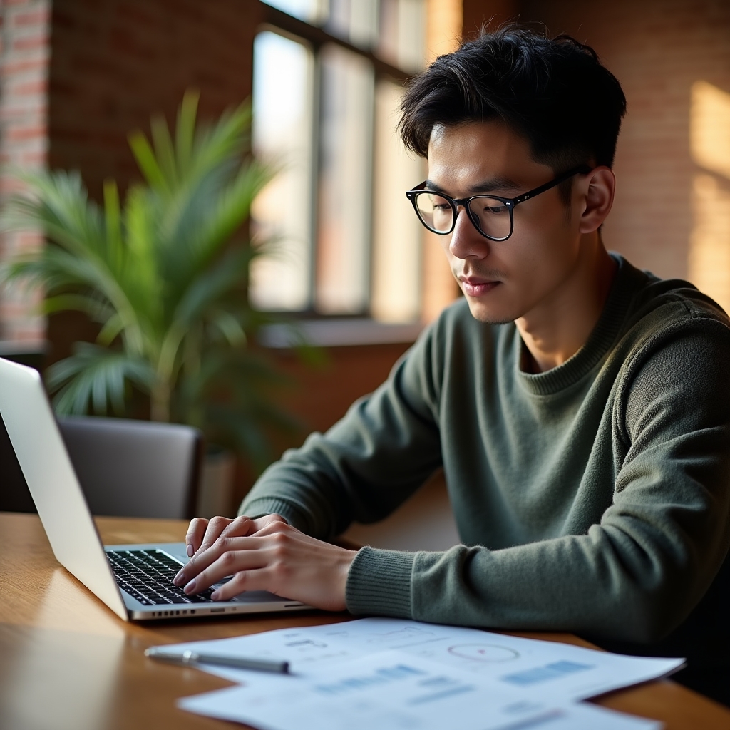 Communications analyst reviewing a search performance report on a laptop screen at a shared office table
