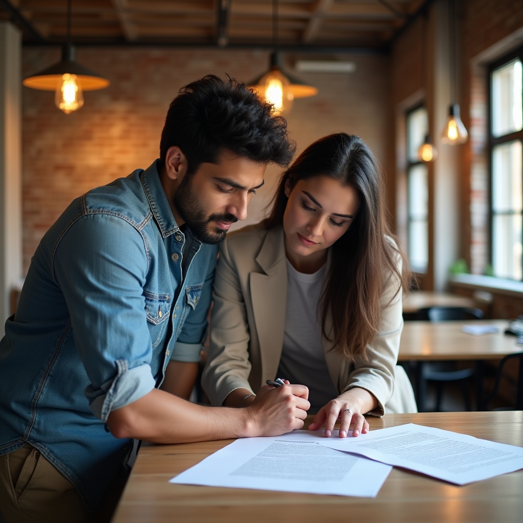 Two communications professionals reviewing a marked-up press release printout during a working session
