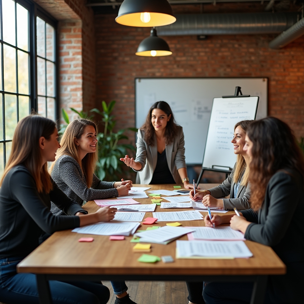 Small group of communications professionals gathered around a table during an internal writing workshop