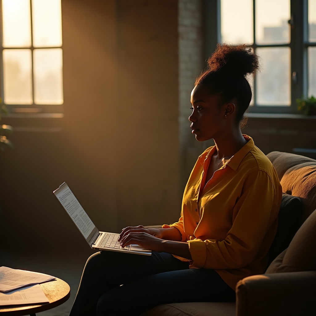 Writer drafting a thought leadership article on a laptop with printed research notes nearby